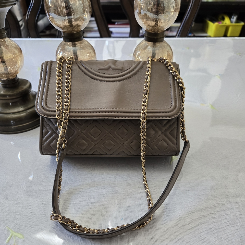 Tory Burch Taupe Quilted Shoulder Bag with Chain Strap